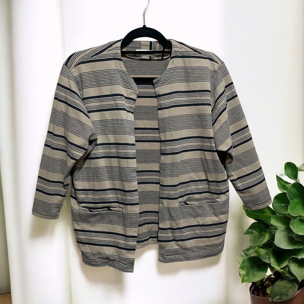 Striped Open Front Cardigan Blazer Textured Knit 3/4 Sleeve Casual Office‎ Wear